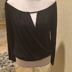 Krisa Women's S Wrapover Blouse Black Dressy Off Shoulder Micro Modal Top NWT